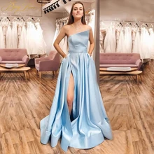 Cheap BeryLove Blue Long Elegant Evening Dress 2020 Off Shoulder High Slit Satin Formal Party Dress Fresh Look Prom Dress Long Sky Blu