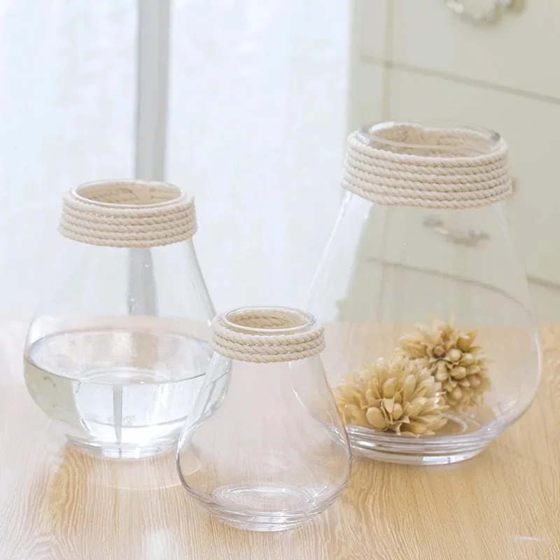 

Minimalist Modern Transparent Glass Vase Grow in Water Vase Hemp Rope Glass Vase Living Room Home Decoration Craft