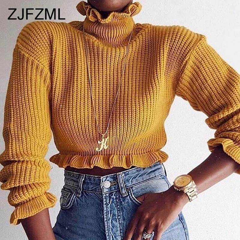 

Women's Cropped Ruffle High Neck Sweaters Elegant Tops Butterfly Sleeve Autumn Turtleneck Fashionable Streetwear Causal Sweater