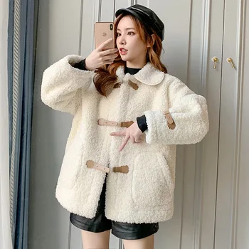 

Lamb Fur Hair Integration Plush Belt Buckle Sweet Loose Female Coat 2019 Winter