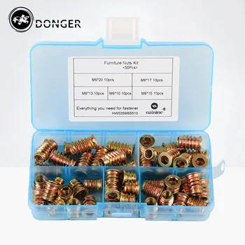 

50Pcs/set M6*10/13/15/17/20 Zinc Alloy Iron Inside And Outside Teeth Embedded Hex Nut Wood Furniture Nuts Assortment Kit HW035