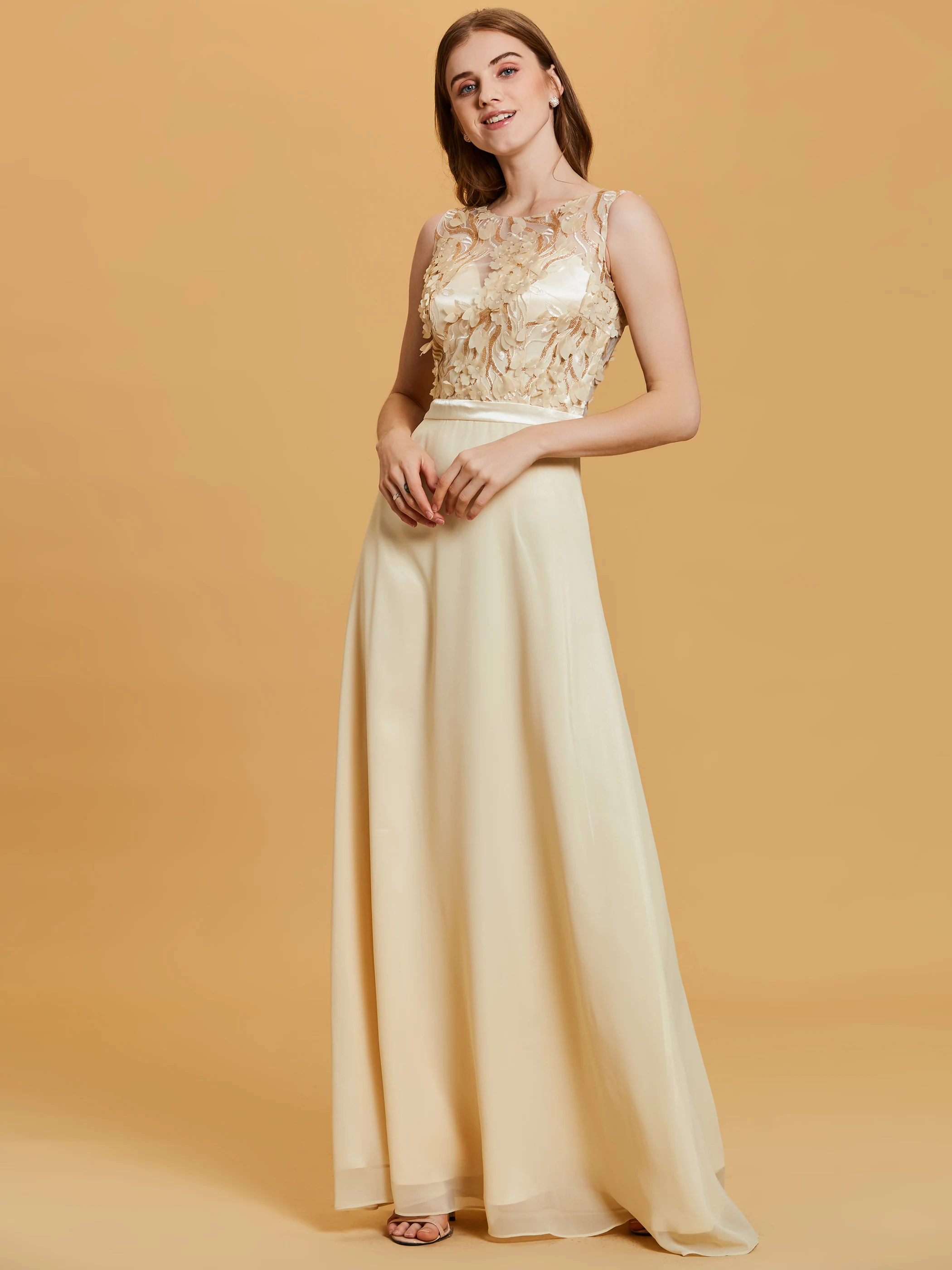 Sequins Long Evening Dress Women Daffodil Flower Sleeveless A Line Formal Prom Party Dress Elegant Scoop Zipper Robe De Soiree