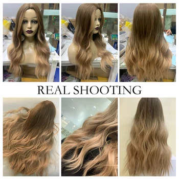 JONRENAU Heat Resistant Long Natural Wave Hair Synthetic Ombre Brown to Blonde Wigs for White/Black Women 3