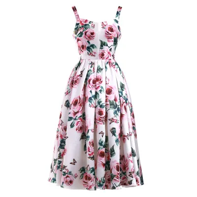 

Baogarret 2019 Summer Elegant Runway Dress Women's Vintage Rose Printing Party Slim Spaghetti Strap Dress