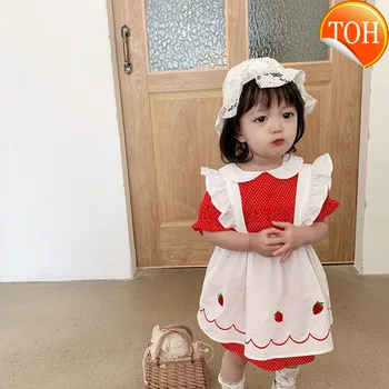 

Baby Girls Summer Vintage Red Strawberry Princess Dress with Pants White Casual Dress for Baby Girls 100% Cotton