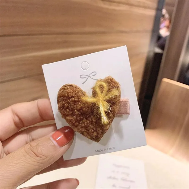 brown heart 5 шт./лот, новинка, зимняя плюшевая однотонная заколка из искусственного меха, заколка для волос с пятиугольной звездой и сердцем, заколки для волос, детские заколки, аксессуары - Цвет: brown heart