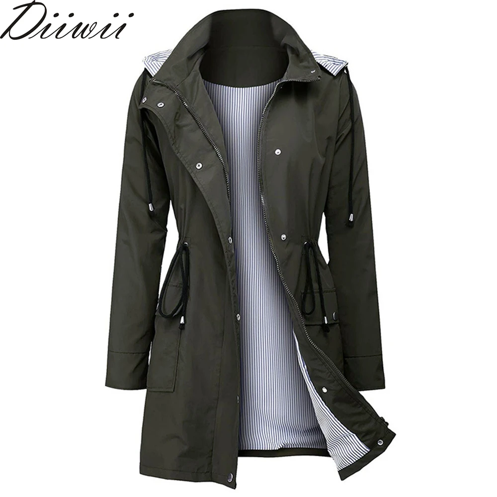DiiWii Women Lady Coat Waterproof Solid Color Feminina Hooded Autumn Trench Long Sleeve Femme Outwear