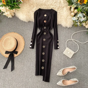 

Foamlina Metal Buttons Black Knit Bodycon Dress 2019 Autumn New Round Neck Full Sleeve Slim Stretch Women Autumn Sweater Dress