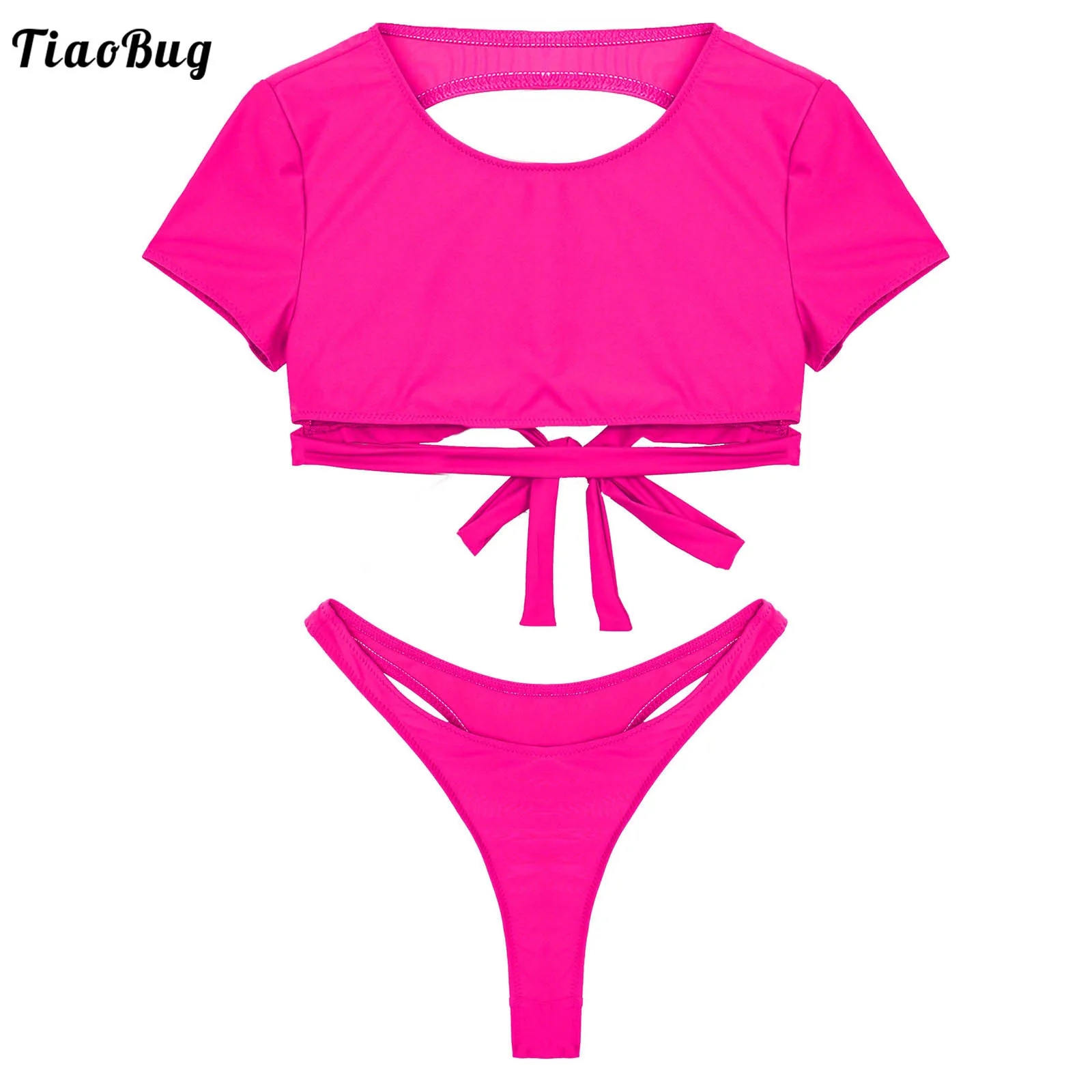 

TiaoBug Sexy Summer Women 2Pcs Bikini Set Round Neck Short Sleeve Open Back Straps Tie Back Crop Top Thong Briefs Swimwear