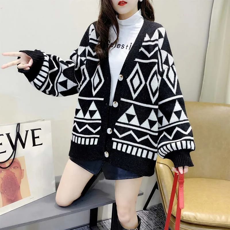 

Knitting Cardigan woman Sweaters Geometry Diamond Loose Sweater Korean Black Red Casual Single Breasted Top Plus Size Clothes