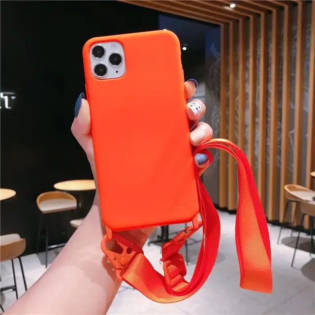 Shoulder strap lanyard Phone Case For iphone 12 13Pro 12Pro 11 11Pro Max X XR XS Max SE 7 8Plus Candy color soft silicone case Orange