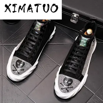 

New luxury designer Graffiti pirate skull rhinestones high tops shoes Causal Flats Moccasins Male Rock hip hop shoes For Man