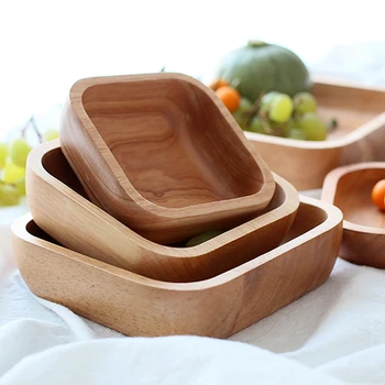 

1Pc Square Wood Bowl 4 Sizes Salad Bowl Set Large Small Wooden Plate Snack Dessert Serving Dishes Food Container Wood Tableware