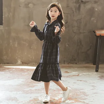 

Dresses for Girls Spring Korean Plaid Teen Costumes Girl Long Elegant Blue Children's Dresses 4 5 6 7 8 9 10 11 12 13 14 15 Year