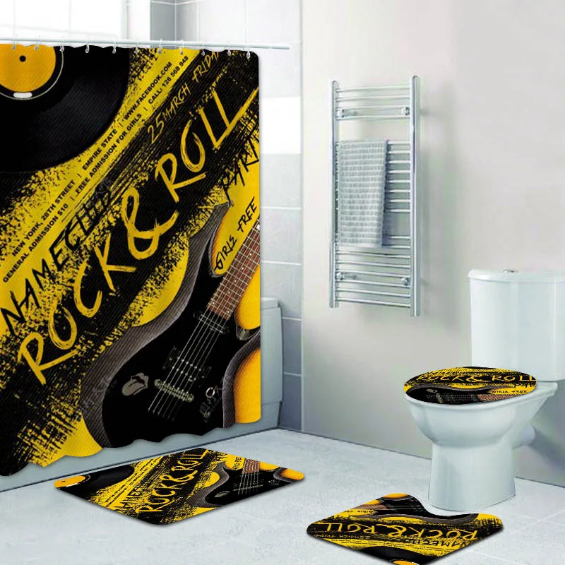 Cool Rock and Roll Shower Curtain and Rug Set Waterproof Polyester Rock