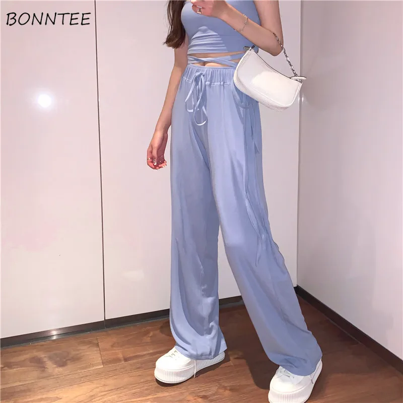 Wide Leg Pants Women Elegant Simple Adjustable Soft Summer Breathable Femme Capris Ulzzang Solid All-match Fashion Lady Trouser Wide Leg Pants Women Elegant Simple Adjustable Soft Summer Breathable Femme Capris Ulzzang Solid All-match Fashion Lady Trouser