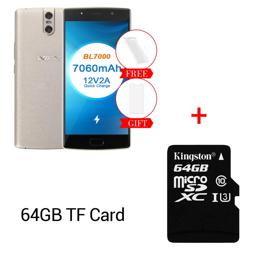 DOOGEE BL7000 7060 мАч 12V2A Быстрая зарядка 5,5 ''FHD MTK6750T Восьмиядерный 4 Гб ОЗУ 64 Гб ПЗУ смартфон Двойная камера 13,0 МП Android 7,0 - Цвет: Gold n 64GTF Card