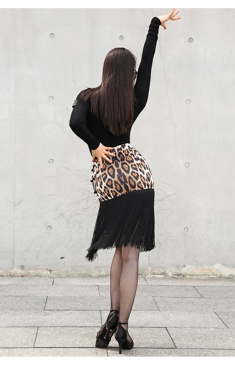 New Latin Dance Leopard Skirt Women Black Fringe Skirt Competition Tassel Costume Cha Cha Rumba Samba Dance Dress Latin BL2884