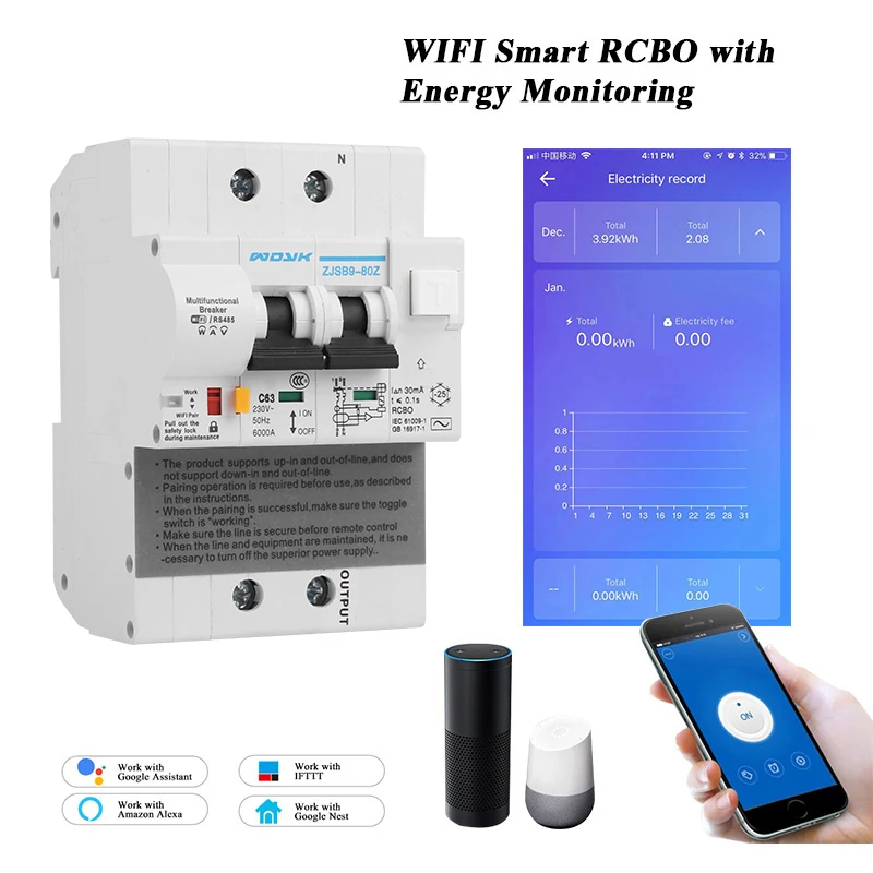 2P WiFi RCBO leakage current Smart Circuit Breaker with Energy monitoring and meter function for Amazon Alexa and Google home