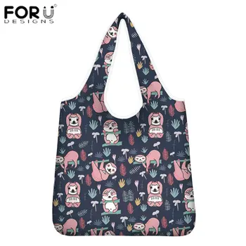 

FORUDESIGNS Durable Lightweight Shopping Bags Kawaii Sloth Printed Reusable Foldable Totes Large Size Bags Ripstop Washable Eco