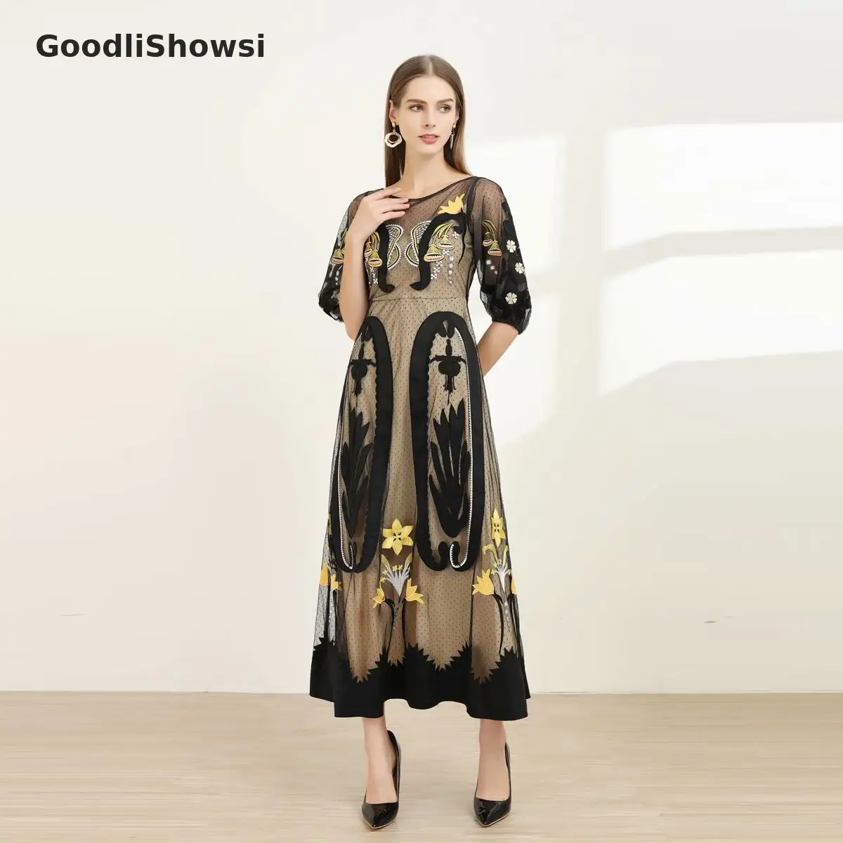 GoodliShowsi Новое поступление модное женское длинное платье макси с вышивкой и круглым вырезом с пышными рукавами в горошек прозрачное Сетчатое элегантное платье