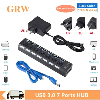 GRWIBEOU USB 3.0 Hub Multi USB Splitter 3 Hab Use Power Adapter 7 Port Multiple Expander USB 3.0 Hub with Switch For PC Computer 1
