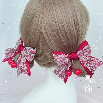 

Japanese Sweet Cherry Lace Hand made Double Horse tail Hair Clip Lolita hair band Lolita accessories headdress Handwork Cosplay