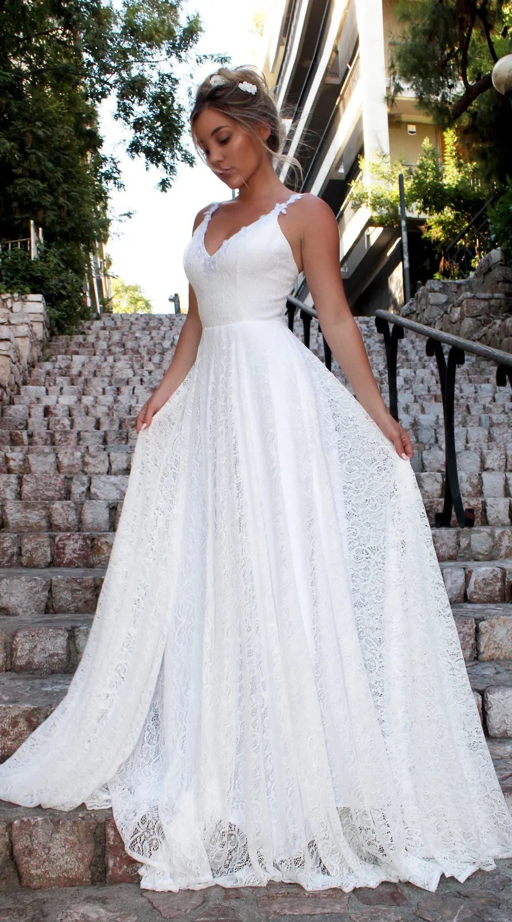 Кружевные бальные платья Длинные рукава с аппликацией цветы Свадебные платья с глубоким вырезом на спине Страна Стиль длинное свадебное белое платье
