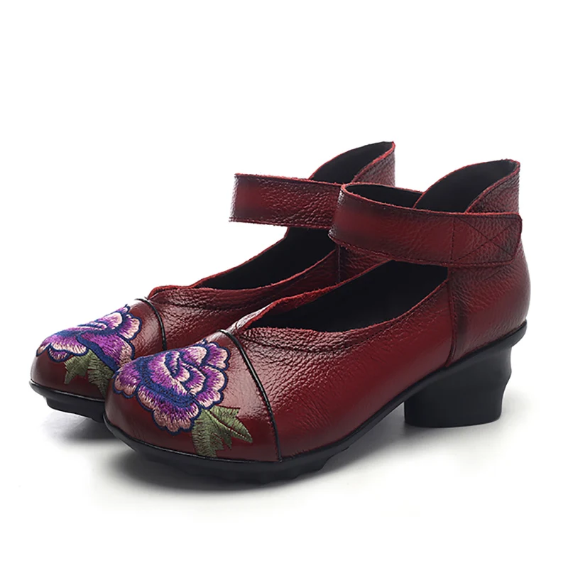 Tacones mujer/туфли-лодочки на платформе с вышивкой; Женская обувь в стиле ретро; женская обувь из натуральной кожи на резиновой подошве с цветочным принтом; ayakkabi TSDFC - Цвет: Красный