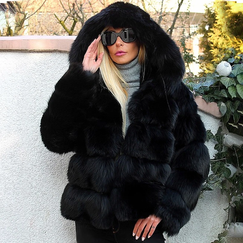 Модное роскошное черное плотное пальто из натурального Лисьего меха с капюшоном для женщин, короткие куртки из натурального Лисьего меха, Женское зимнее пальто