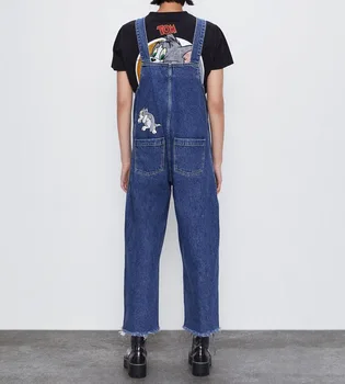

Wind Female Season Cartoon Printing Cowboy Bib Trouser Leg Burr Drape Strap Leisure Straight Tube Pants