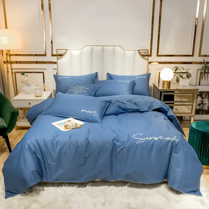 

Modern Style 50S Pure Cotton Embroidery Duvet Cover Bed Sheet Pillowcases Solid Royal Blue Purple Camel Pink Green