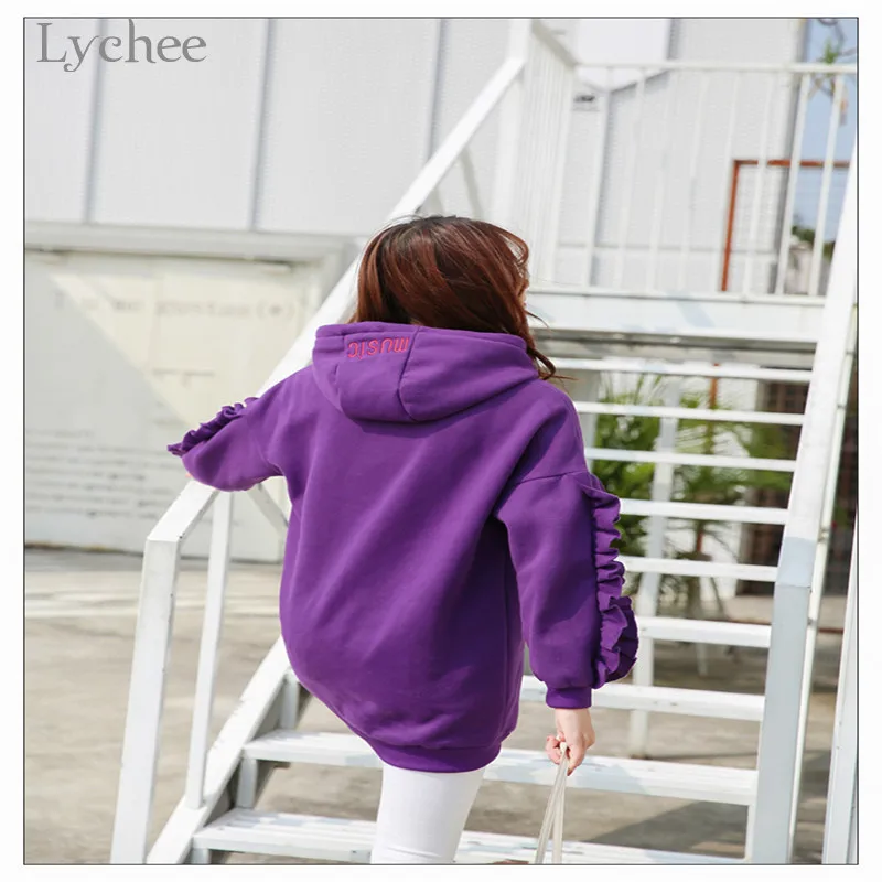 Lychee Harajuku Ruffle лоскутное Фиолетовые женские толстовки гитара кролик письмо вышивка с капюшоном женские толстовки Осенние женские топы