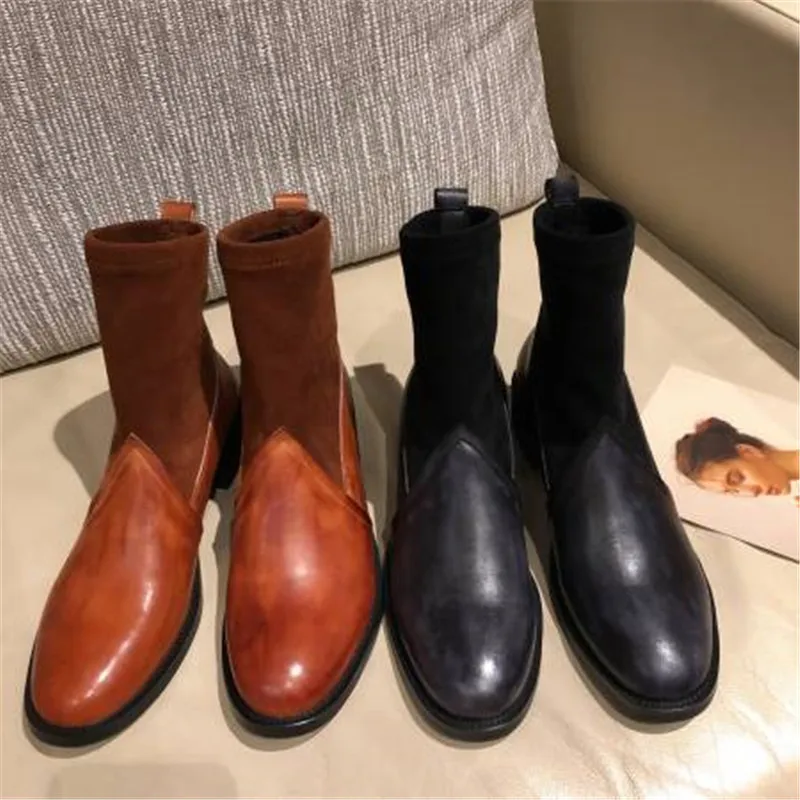 Autumn/winter 2020 Women's Boots Leather Sutured Elastic Boot Tube Genuine Leather Women Shoes