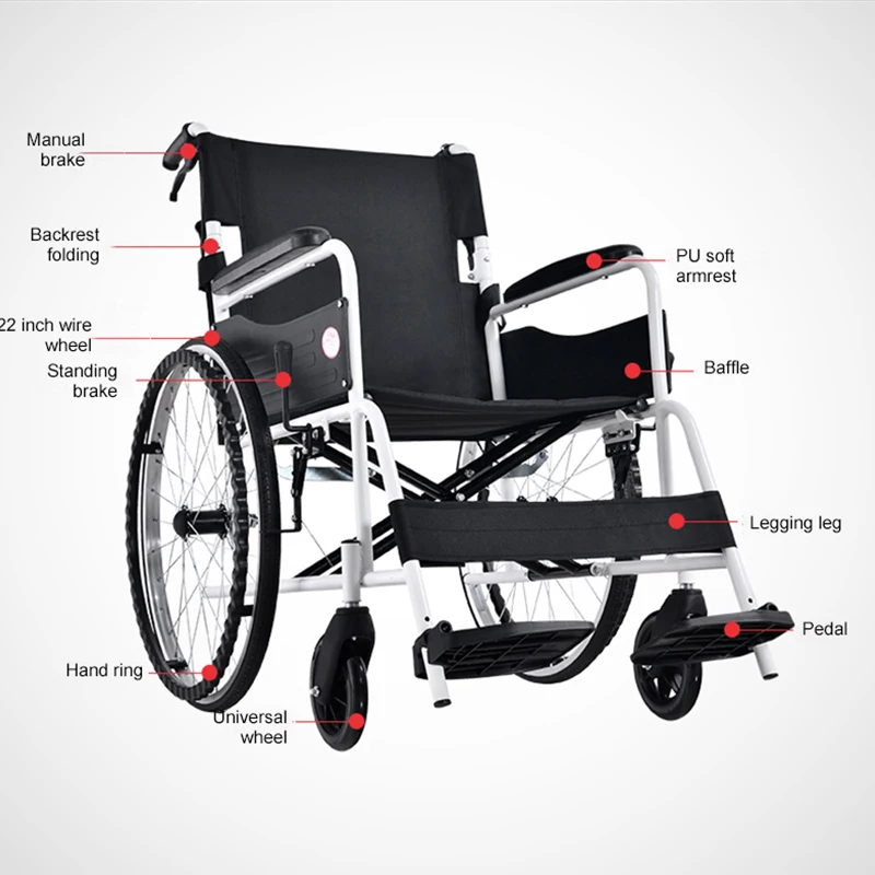 Leisure Wheelchair Leather Soft Armrest 24 Inch Solid Tire Folding Portable Carrying Quick-Disassembly Rear Wheel For Disabled