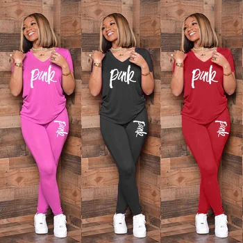 

2020 Africa Women Sets Summer Tracksuits Fitness Letter Print V-Neck Tops Pants Suit Two Piece Set Night Outfits 2 Pcs Street