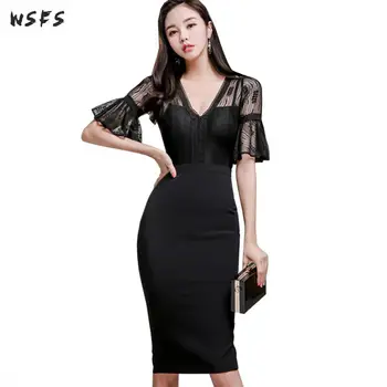 

Summer Black Lace Dresses Short Sleeve Vneck See Through Ruffles Womens Dress Sexy Party Vintage Bandage Pencil Midi Wrap Dress