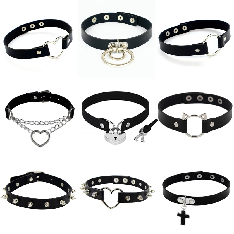 

Punk Rock Gothic PU Leather Heart Round Necklace on Neck Spike Rivet Collar Studded Choker Necklace Body Jewelry Birthday Gifts