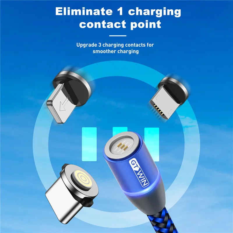 Магнитный usb-кабель GTWIN 3A с быстрой зарядкой, Тип C, микро-кабель, светодиодный, с нейлоновой оплеткой, тип-c, магнитное зарядное устройство для 7 samsung S10 S9 S8, 1 м