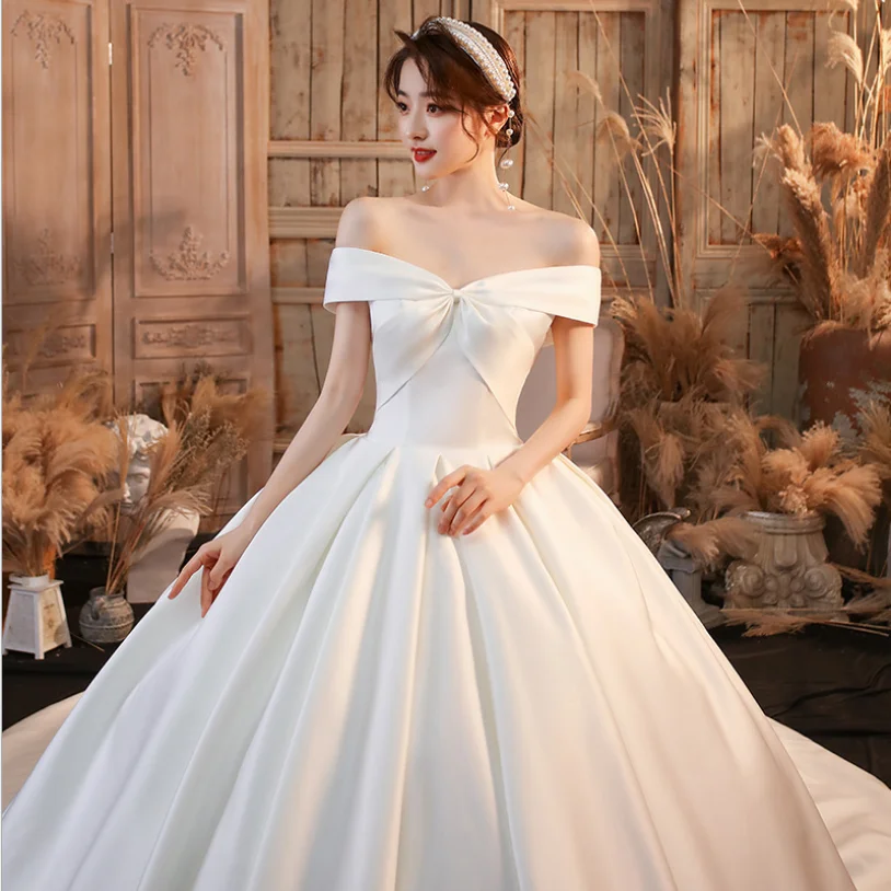 

New Satin Off the Shoulder Wedding Dresses Simple With Train Princess Wedding Bride Gown Vestido de noiva robe de mariee