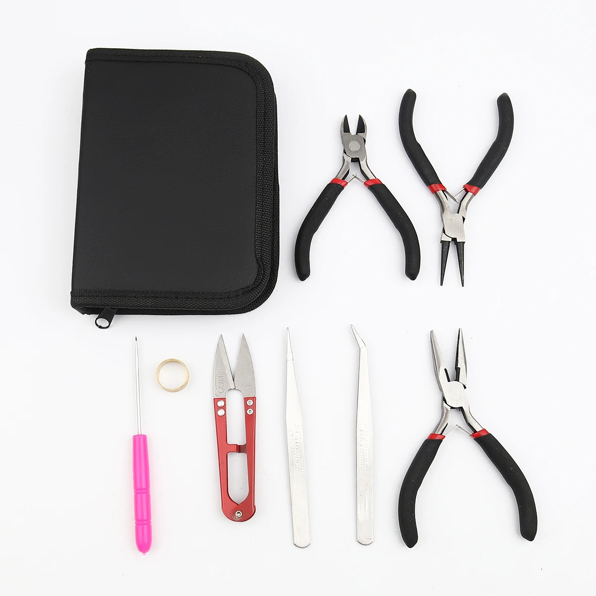 

DIY Handmade Jewelry Making Tools Set Nose Pliers Side Cutting Pliers Wire Cutter Scissor Beading Tweezers with PU Bag,1 Set