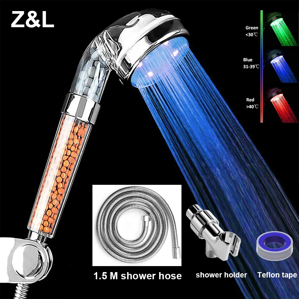 Hot 3/7 Colors Changes Led Shower Head Anion Mineral Stones Water