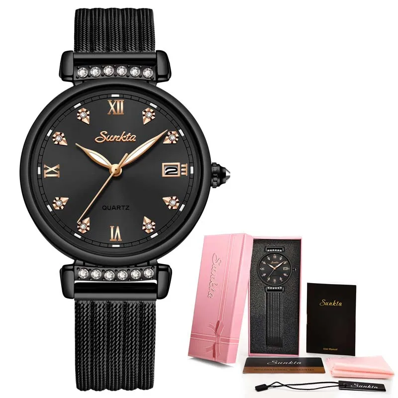 All black SUNKTA, новинка, женские часы из розового золота, кварцевые часы для девушек, Лидирующий бренд, роскошные женские часы, женские часы, Relogio Feminino+ коробка - Цвет: All black