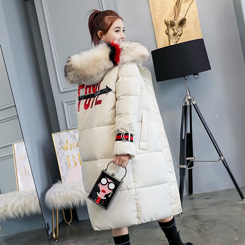 

Mid-length with Fur Collar behind Printed Lettered Fashion Cotton-padded Jacket Women's 2018 New Style Winter Loose Straight Hoo