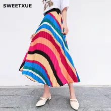 SWEETXUE Новая Осенняя модная женская миди юбка с радужным принтом элегантная складчатая юбка женская повседневная трикотажная юбка-карандаш с высокой талией