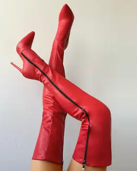 

Zipper Knee-High Thin Heel Boots leather sexy red long boots high heel over knee pointed toe sexy party shoes