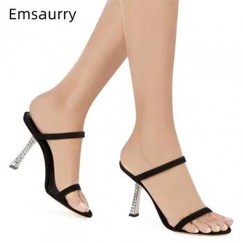 

Luxury Suede Narrow Band Runway Shoes Woman Jeweled Diamond Thin Heel Open Toes Rhinestone High Heel Slippers Women