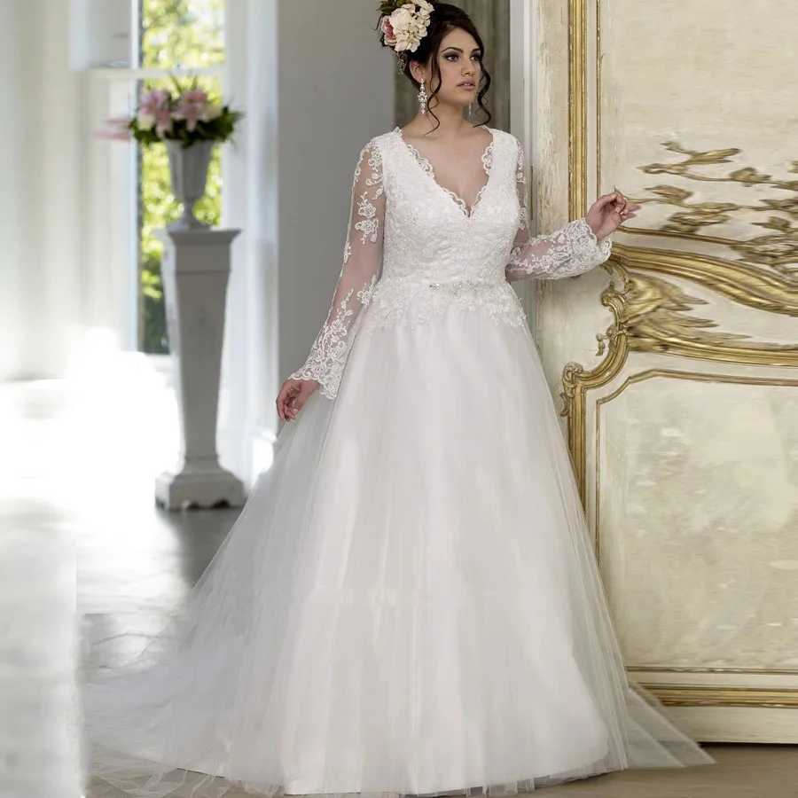 

V-neck Tulle Long Sleeve A-line Wedding Dress with Crystal Lace Applique Plus Size Lace-up Bridal Dress vestido de noiva