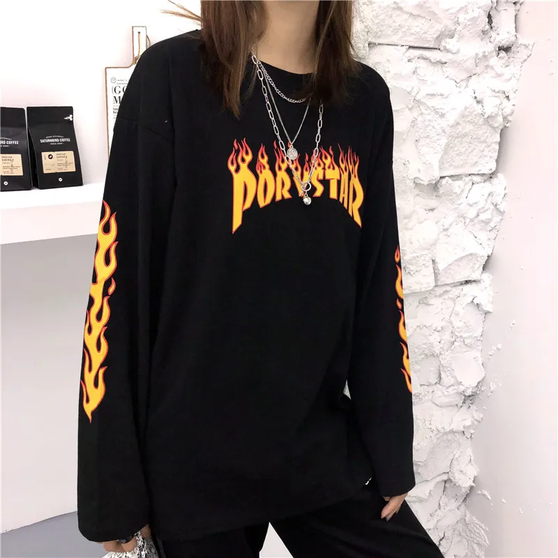 Ulzzang весна осень круглый вырез Высокая улица длинный рукав футболка женская Свободная Женская одежда футболки женские топы Мода Harajuku bf