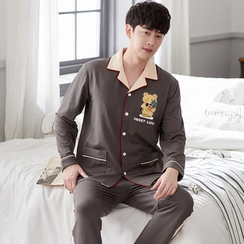 

Winter Cotton Pajamas for Men Long Sleeves Button-Down Pijamas Hombre 2PCS Pure Cotton Nightwear PJs Set Grey Plaid Pyjama Male